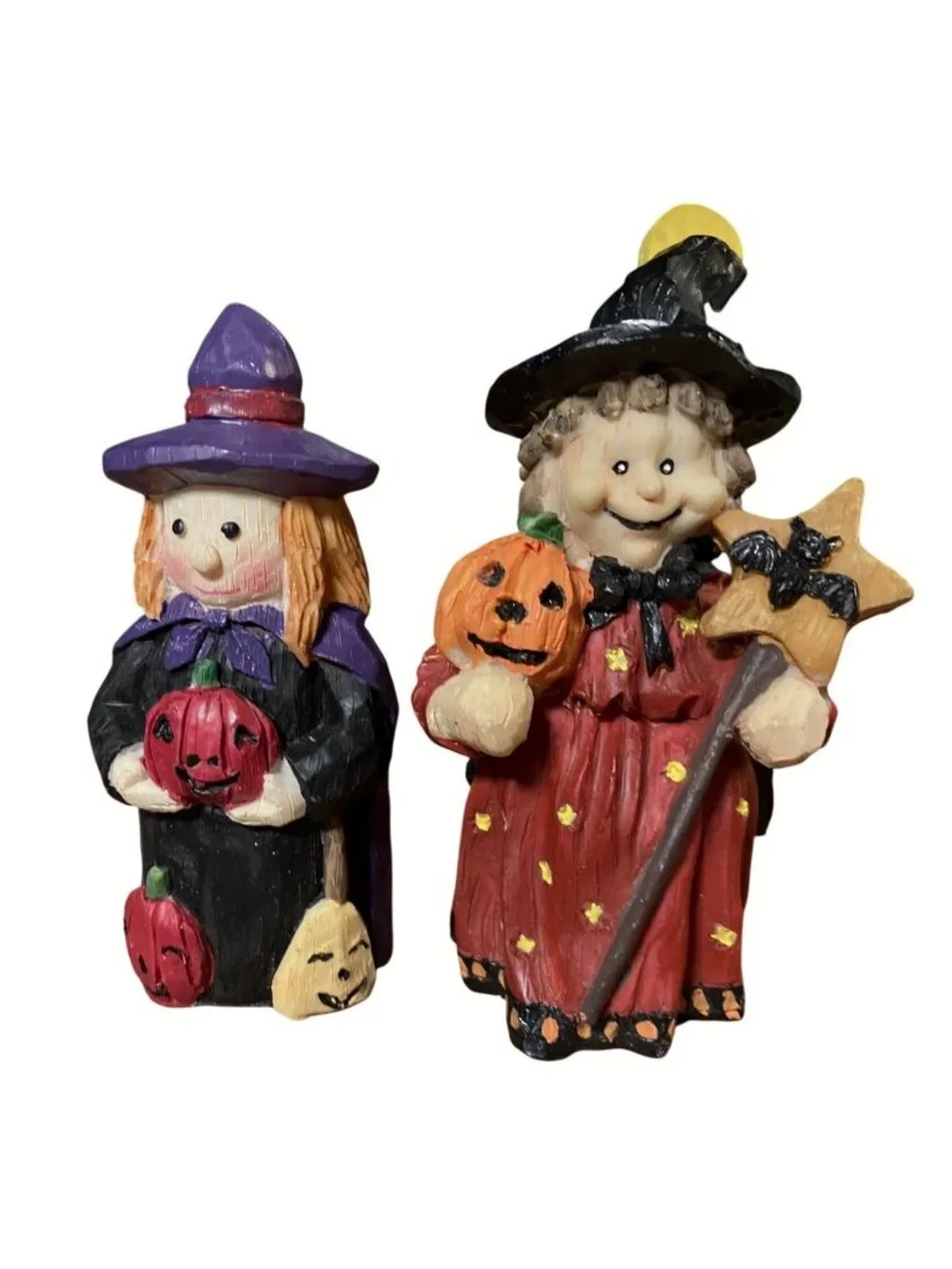 Halloween Witch Figurines Set Of 2 Hand-Painted Resin Pumpkin Decor